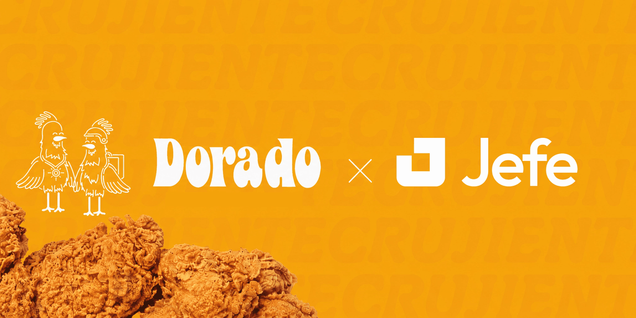 Dorado y Jefe sobre un fondo naranja con pollo frito